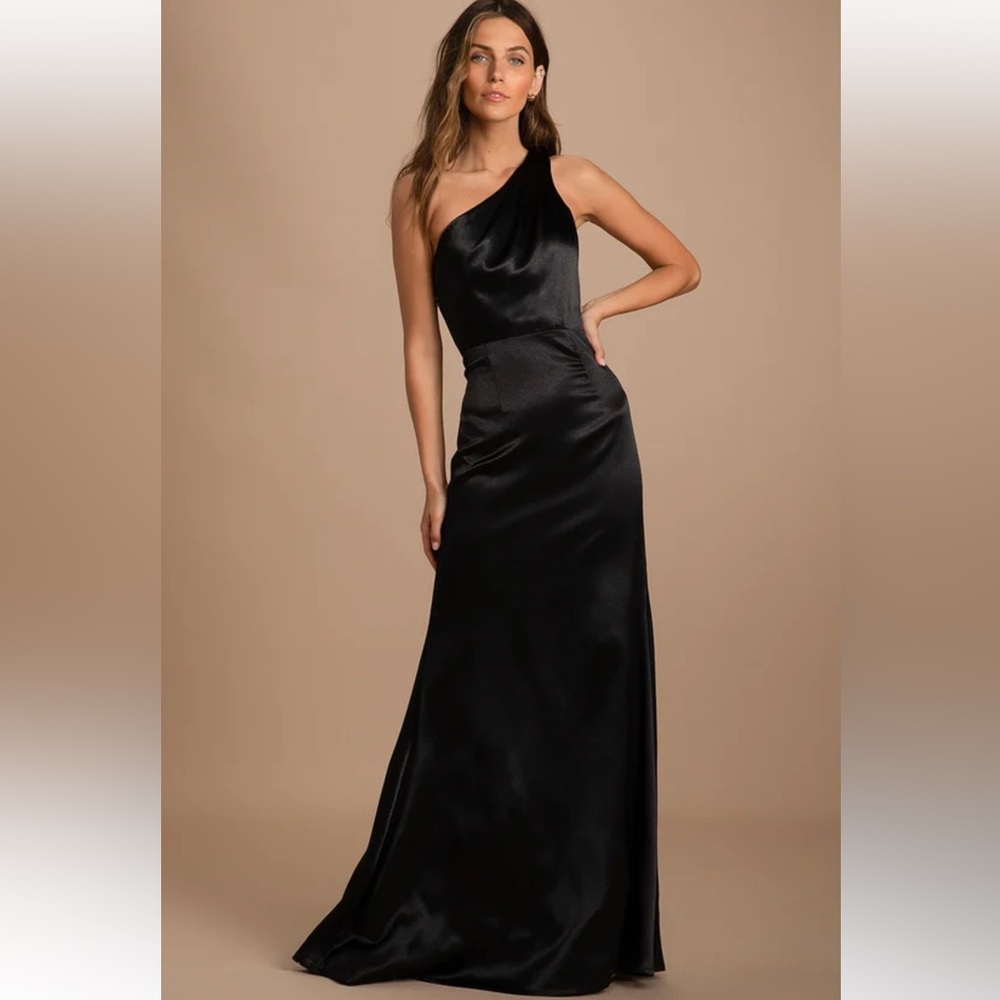 Lulus Black Satin One Shoulder Maxi Dress